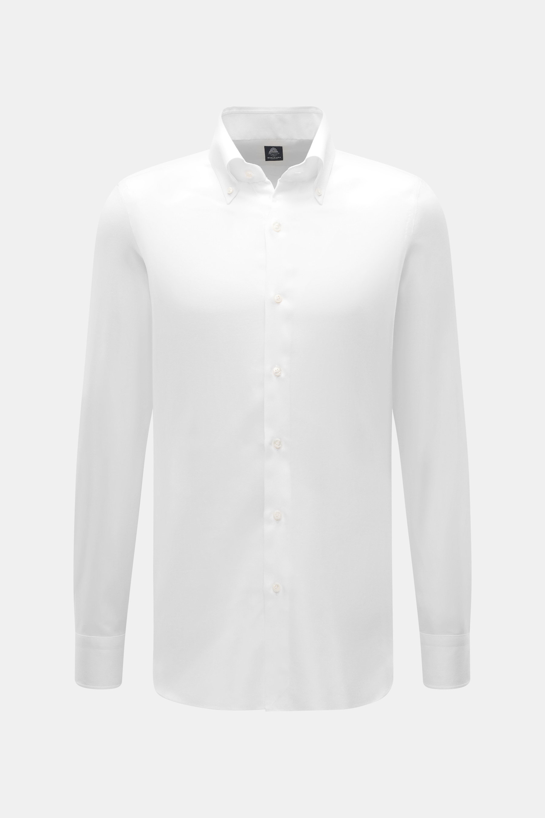 Finamore Casual Hemd 'Lucio Napoli' Button-Down-Kragen weiß, frontal fotografiert, Gabardine aus Baumwolle und Seide, sehr weicher Griff, extralange Ärmel, Regular Fit, französische Knopfleiste mit Perlmuttknöpfen, klassische Sportmanschette, schmale Rück