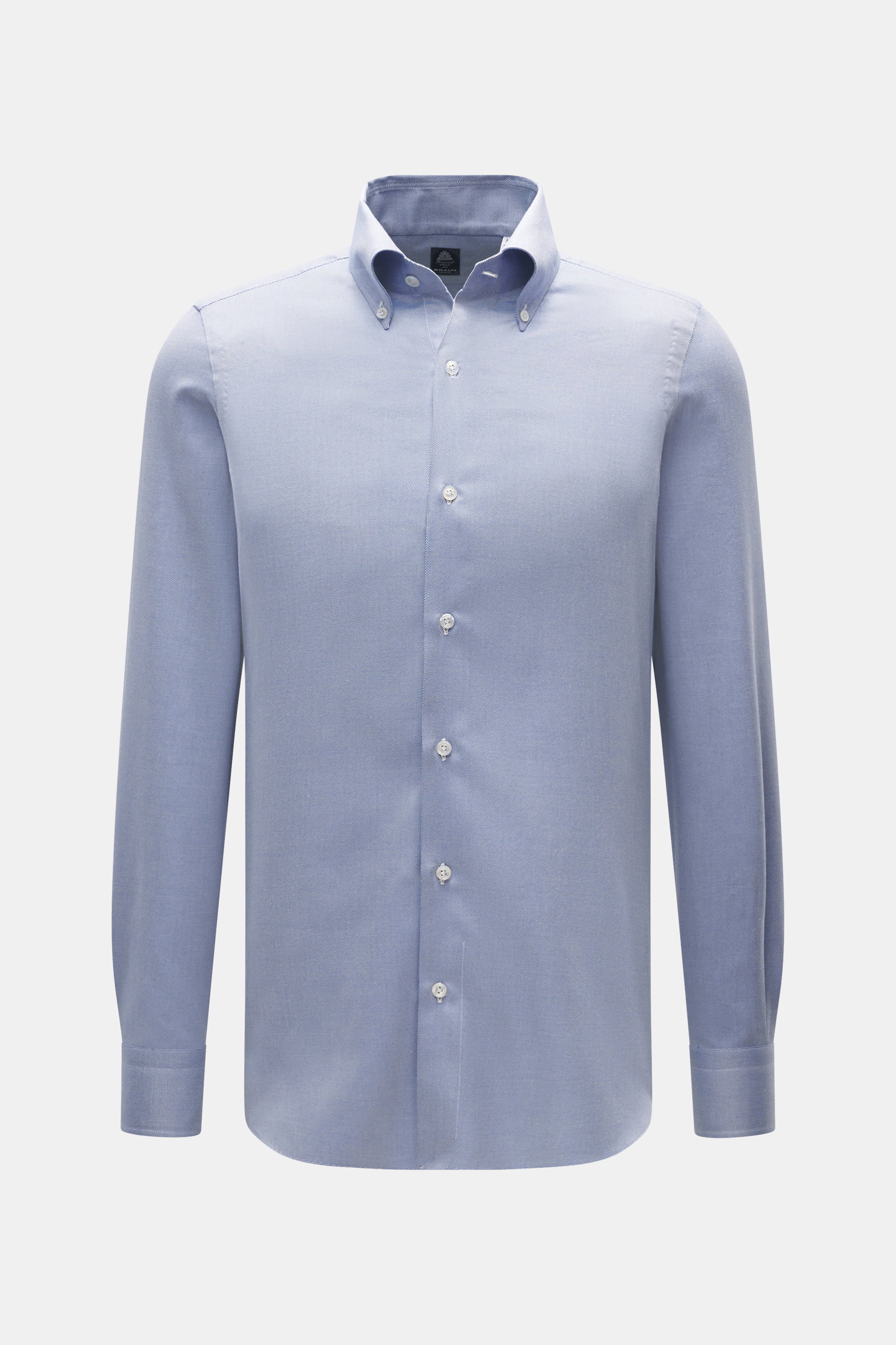 Front view of Finamore Casual Shirt 'Lucio Napoli' Button-Down Collar blue/white melange, gabardine cotton-silk, very soft feel, extra long sleeves, regular fit, French placket with mother-of-pearl buttons, classic sport cuff, narrow back yoke, rounded he