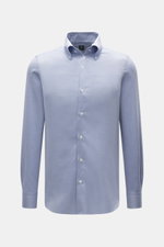 Front view of Finamore Casual Shirt 'Lucio Napoli' Button-Down Collar blue/white melange, gabardine cotton-silk, very soft feel, extra long sleeves, regular fit, French placket with mother-of-pearl buttons, classic sport cuff, narrow back yoke, rounded he