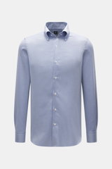 Front view of Finamore Casual Shirt 'Lucio Napoli' Button-Down Collar blue/white melange, gabardine cotton-silk, very soft feel, extra long sleeves, regular fit, French placket with mother-of-pearl buttons, classic sport cuff, narrow back yoke, rounded he