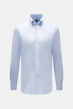 Front view of Finamore Oxford Shirt 'Lucio Napoli' Button-Down Collar Smoky Blue/White Striped, Oxford pure cotton, slightly textured, extra long sleeves, regular fit, button-down collar, French placket with mother-of-pearl buttons, classic sport cuff, na