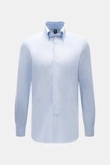 Front view of Finamore Oxford Shirt 'Lucio Napoli' Button-Down Collar Smoky Blue/White Striped, Oxford pure cotton, slightly textured, extra long sleeves, regular fit, button-down collar, French placket with mother-of-pearl buttons, classic sport cuff, na