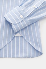 Finamore Oxfordhemd 'Lucio Napoli' Button-Down-Kragen hellblau/weiß gestreift, Nahaufnahme Ärmel und Saum, Oxford Baumwolle, Regular Fit, Perlmuttknöpfe.