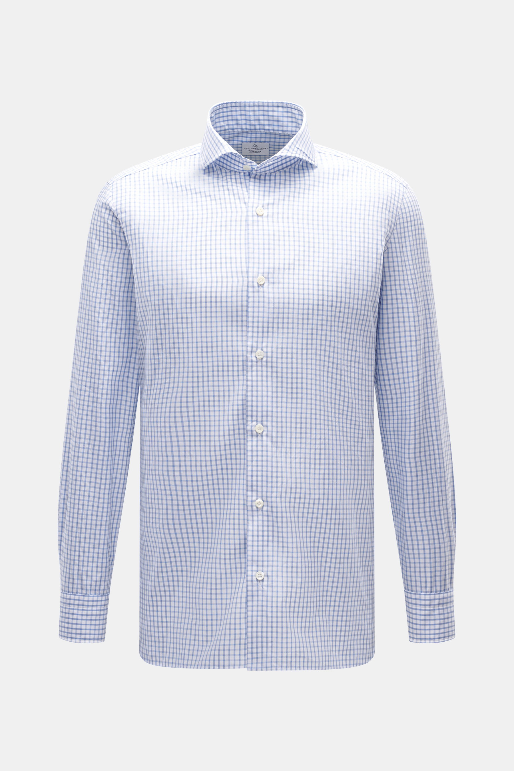 Giampaolo Casual-Hemd Haifisch-Kragen dunkelblau/weiß kariert, Slim Fit, reine Baumwolle, weicher Griff, klassische Sportmanschette, frontal fotografiert.