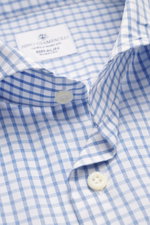 Close-up front view of Giampaolo Casual shirt shark collar dark blue/white checkered with pure cotton, slim fit, shark collar, French button placket, and classic sport cuff.

<p>A true all-rounder from shirt expert GIAMPAOLO: With this handmade shirt made