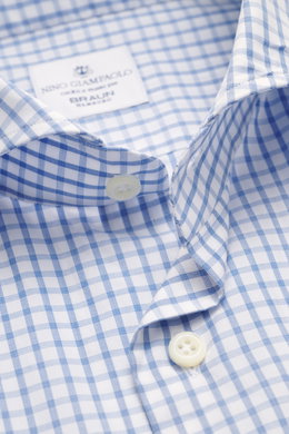 Close-up front view of Giampaolo Casual shirt shark collar dark blue/white checkered with pure cotton, slim fit, shark collar, French button placket, and classic sport cuff.

<p>A true all-rounder from shirt expert GIAMPAOLO: With this handmade shirt made