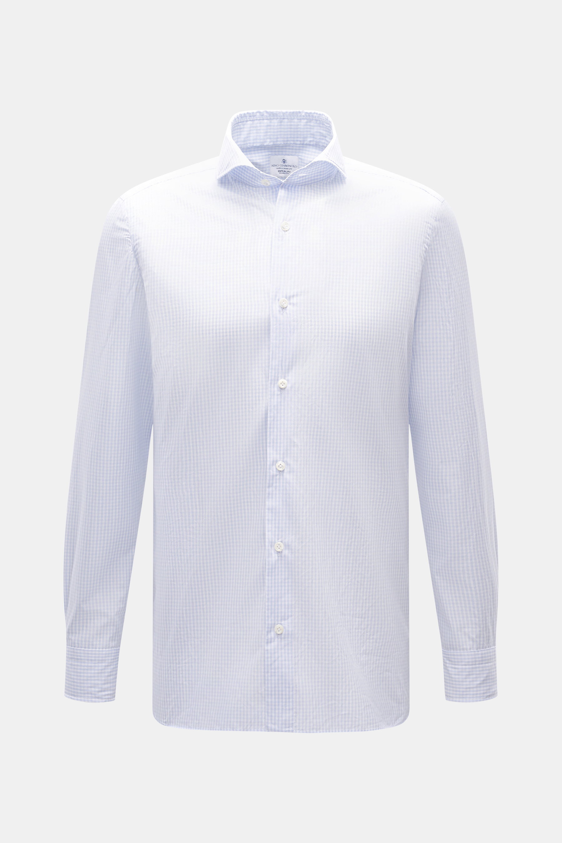 Frontale Nahaufnahme des Giampaolo Casual-Hemd Haifisch-Kragen blau/weiß kariert aus reiner Baumwolle mit feinem Karomuster, Slim Fit, französischer Knopfleiste und klassischer Sportmanschette.