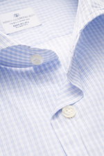 Close-up front view of Giampaolo Casual Shirt Shark Collar Blue/White Checked with pure cotton, soft feel, fine check pattern, slim fit, shark collar, French button placket, classic sport cuff, and rounded hem.