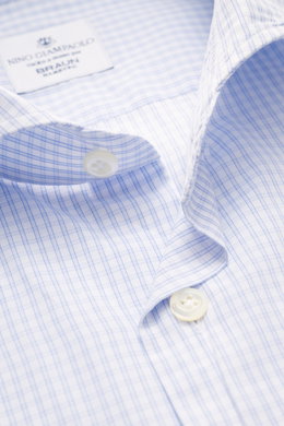Close-up front view of Giampaolo Casual Shirt Shark Collar Blue/White Checked with pure cotton, soft feel, fine check pattern, slim fit, shark collar, French button placket, classic sport cuff, and rounded hem.
