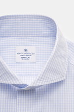 Close-up front view of Giampaolo Casual Shirt Shark Collar Blue/White Checked showing fine check pattern, shark collar, and label.

<p>A true all-rounder from shirt expert GIAMPAOLO: With this shirt made of pure cotton and a fine check pattern with shark 
