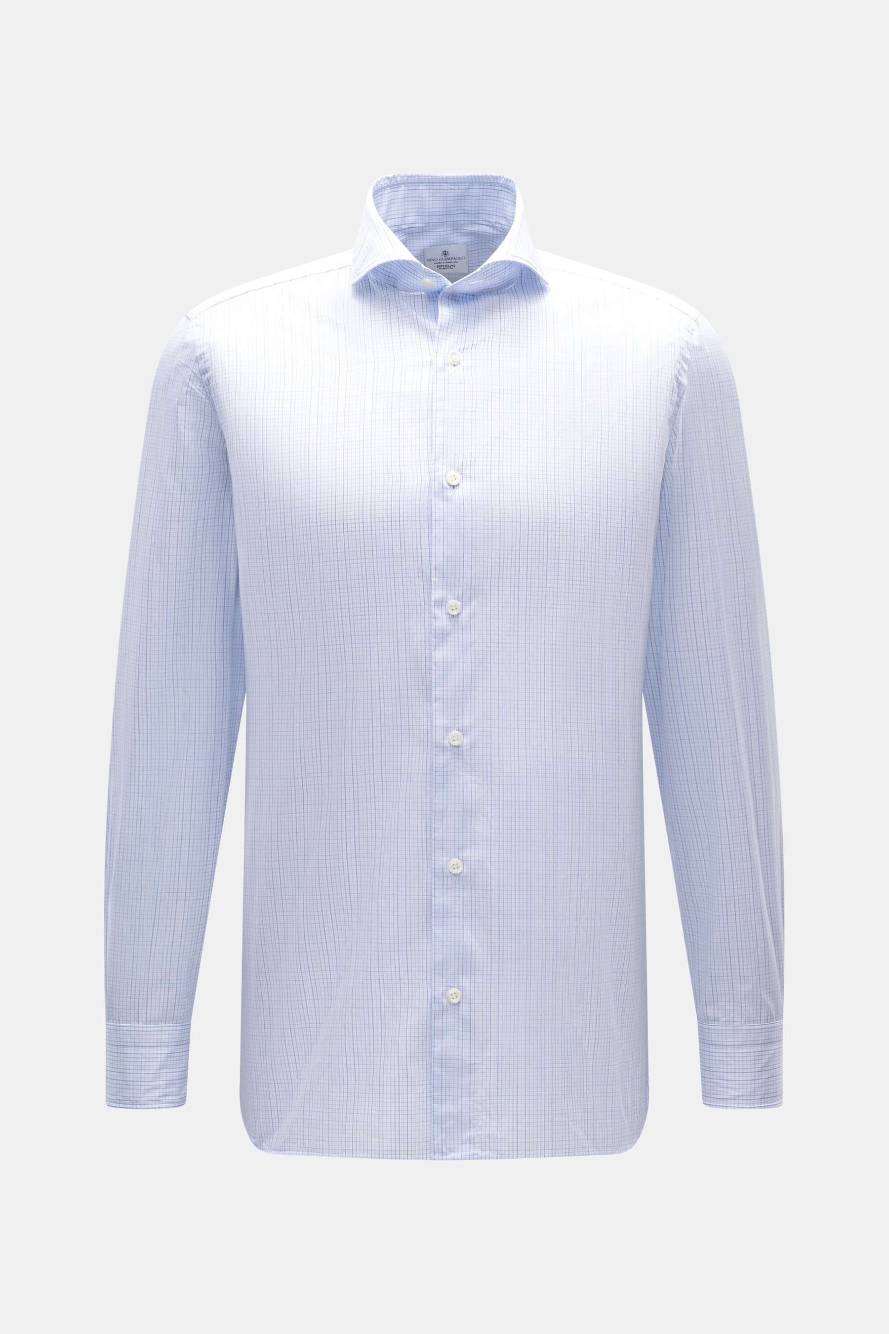 Front view of Giampaolo Casual Shirt Shark Collar blue/white checkered, pure cotton slim fit with shark collar, French button placket, classic sport cuff, rounded hem, soft feel, fine check pattern. A true all-rounder by the shirt expert GIAMPAOLO: With t