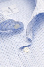 Close-up front view of Giampaolo Casual Shirt Shark Collar blue/white checkered with pure cotton, soft feel, slim fit, shark collar, French button placket, sport cuff, and rounded hem.