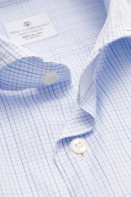 Close-up front view of Giampaolo Casual Shirt Shark Collar blue/white checkered with pure cotton, soft feel, slim fit, shark collar, French button placket, sport cuff, and rounded hem.