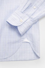 Close-up front-side view of Giampaolo Casual Shirt Shark Collar blue/white checkered showing slim fit, soft pure cotton, fine check pattern, shark collar, French button placket, classic sport cuff, and rounded hem.