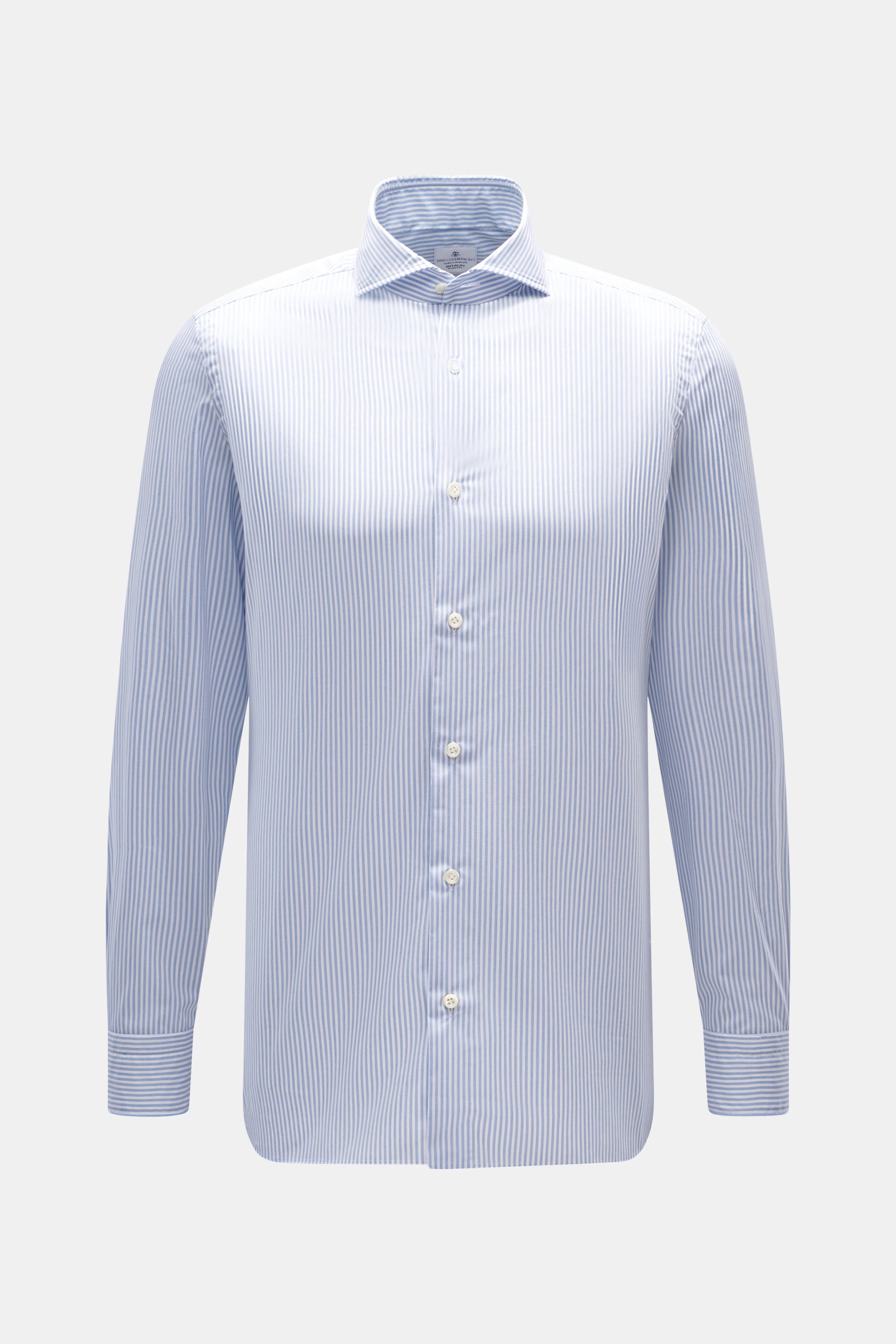 Front view of Giampaolo Casual shirt shark collar light blue/white striped, pure cotton with shark collar, French placket, sport cuff.