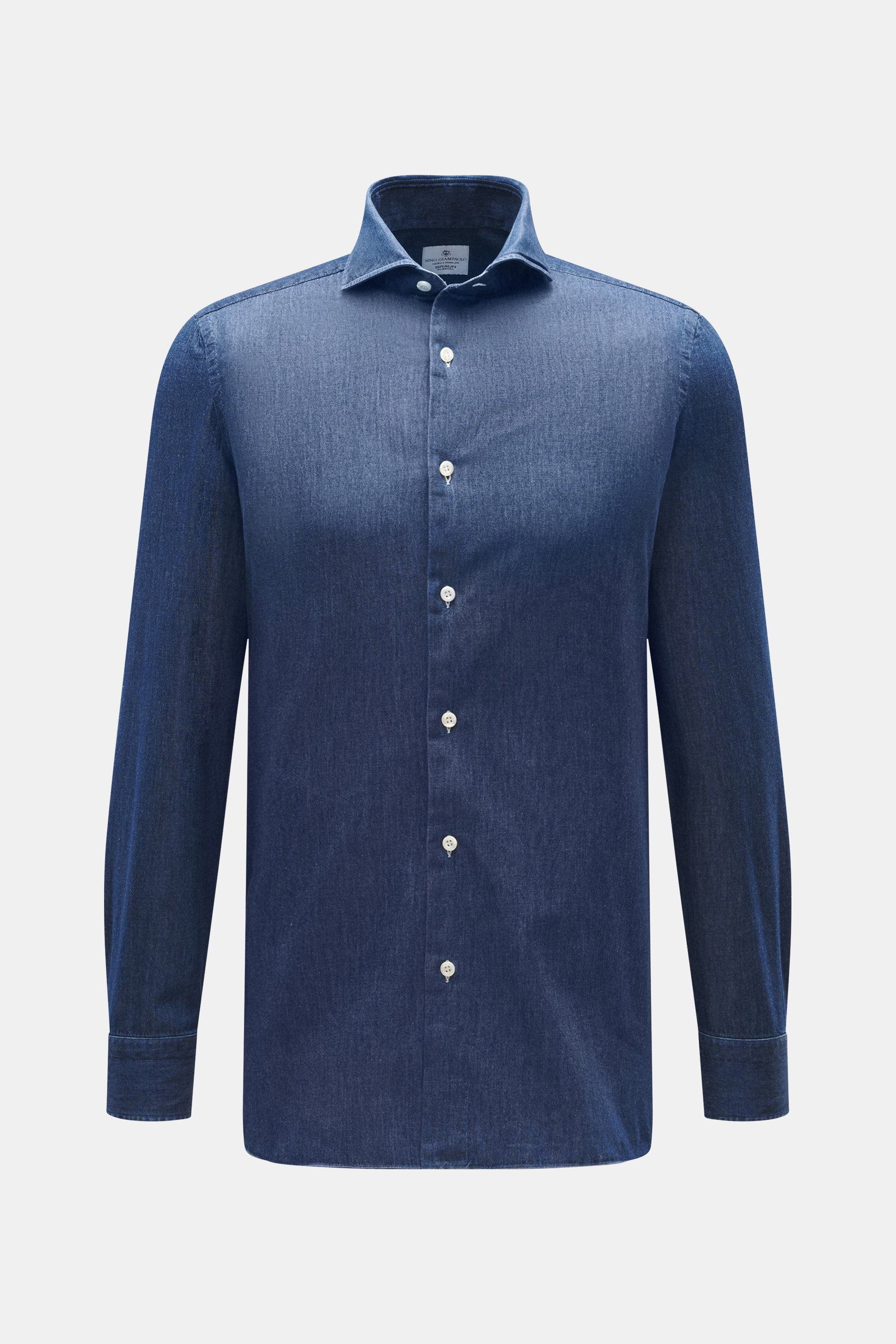 Giampaolo Chambray shirt shark collar dark blue, front view showing slim fit, chambray cotton, soft touch, French button placket, sport cuff. 

<p>Masterful craftsmanship by hand: GIAMPAOLO makes this chambray shirt from high-quality cotton – for an espec