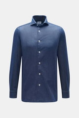 Giampaolo Chambray shirt shark collar dark blue, front view showing slim fit, chambray cotton, soft touch, French button placket, sport cuff. 

<p>Masterful craftsmanship by hand: GIAMPAOLO makes this chambray shirt from high-quality cotton – for an espec