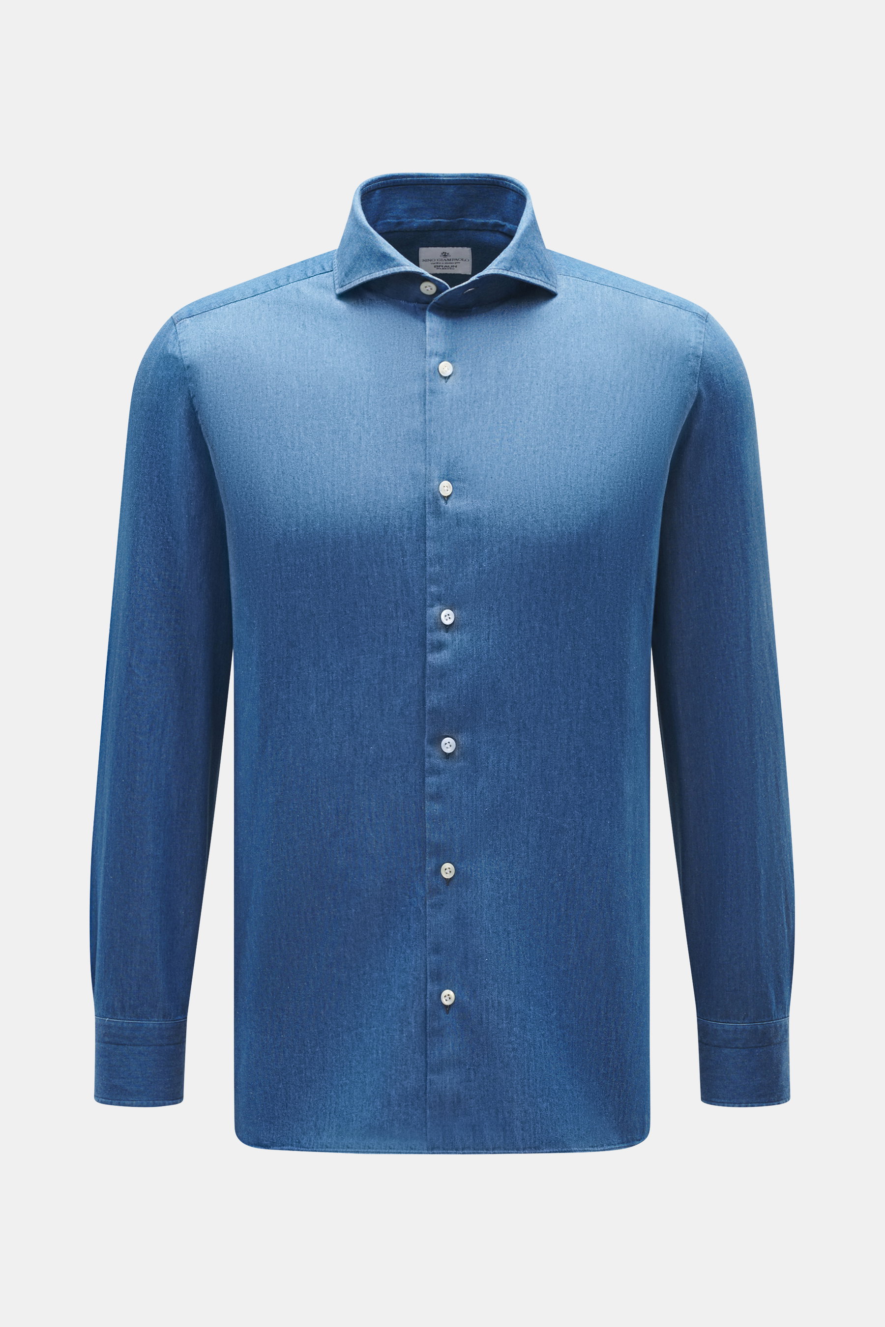 Giampaolo Chambray shirt shark collar blue shown front view, slim fit, soft cotton chambray, French button placket, sport cuffs.