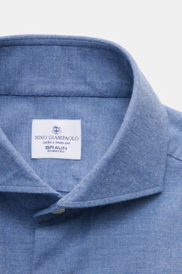 Giampaolo Flanellhemd Haifisch-Kragen graublau meliert, Detailansicht von oben, aus reiner Baumwolle, Twill, soft, angeraut, Slim Fit, französische Knopfleiste.
