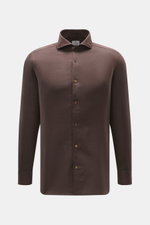 Front view of Giampaolo Casual Shirt Shark Collar dark brown in slim fit, soft cotton-cashmere twill with shark collar, French button placket, classic sport cuff, back waist darts, and rounded hemline. Luxurious fabric offers an exceptionally soft feel an