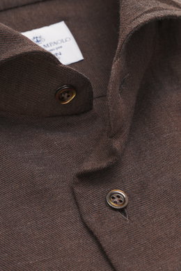 Close-up front angle of Giampaolo Casual Shirt Shark Collar dark brown showing soft cotton-cashmere fabric, button, and collar detail.