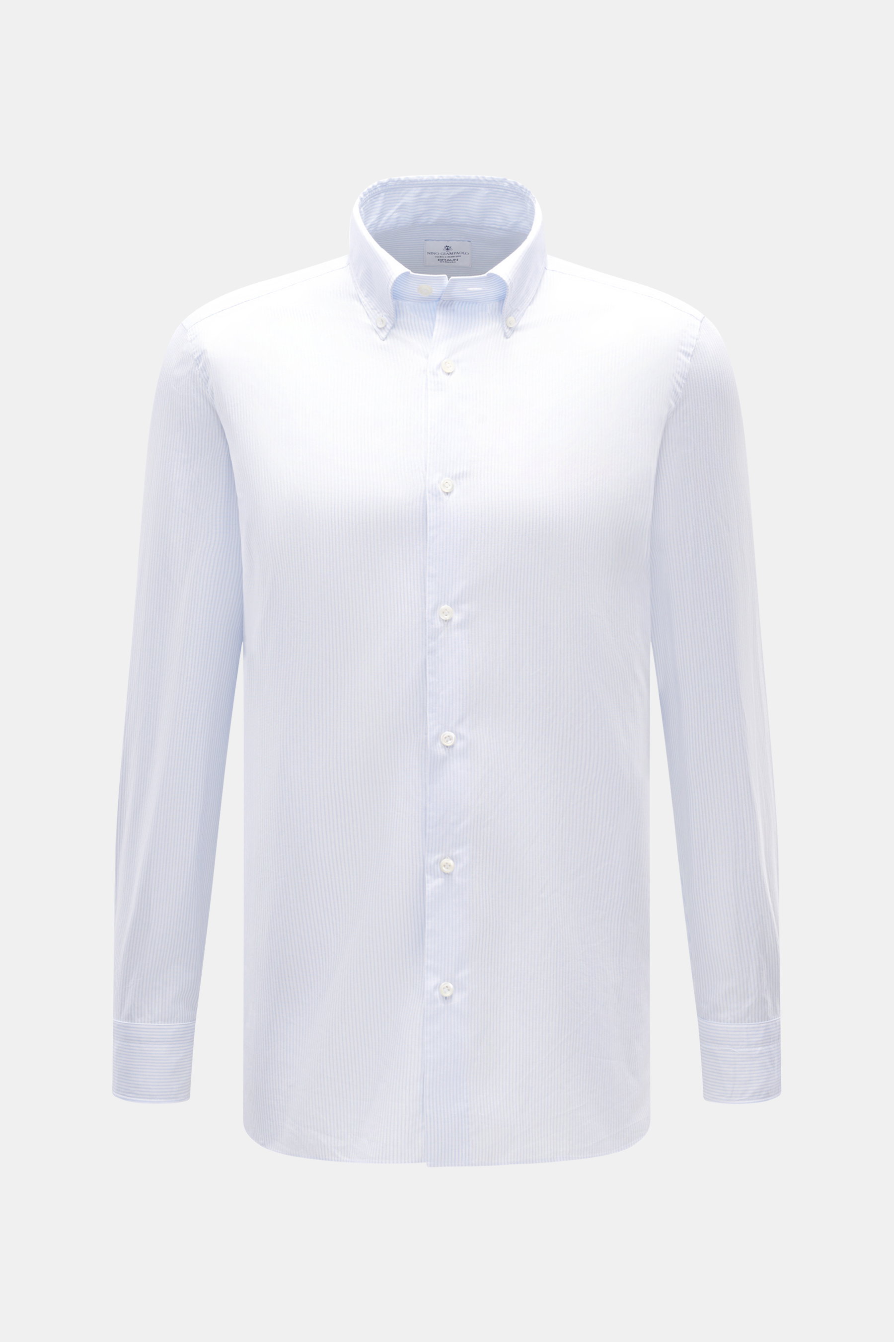 Giampaolo Oxford-Hemd Button-Down-Kragen hellblau/weiß gestreift, Slim Fit, reine Baumwolle, leichte Struktur, Frontansicht mit Knopfleiste und klassischer Sportmanschette.