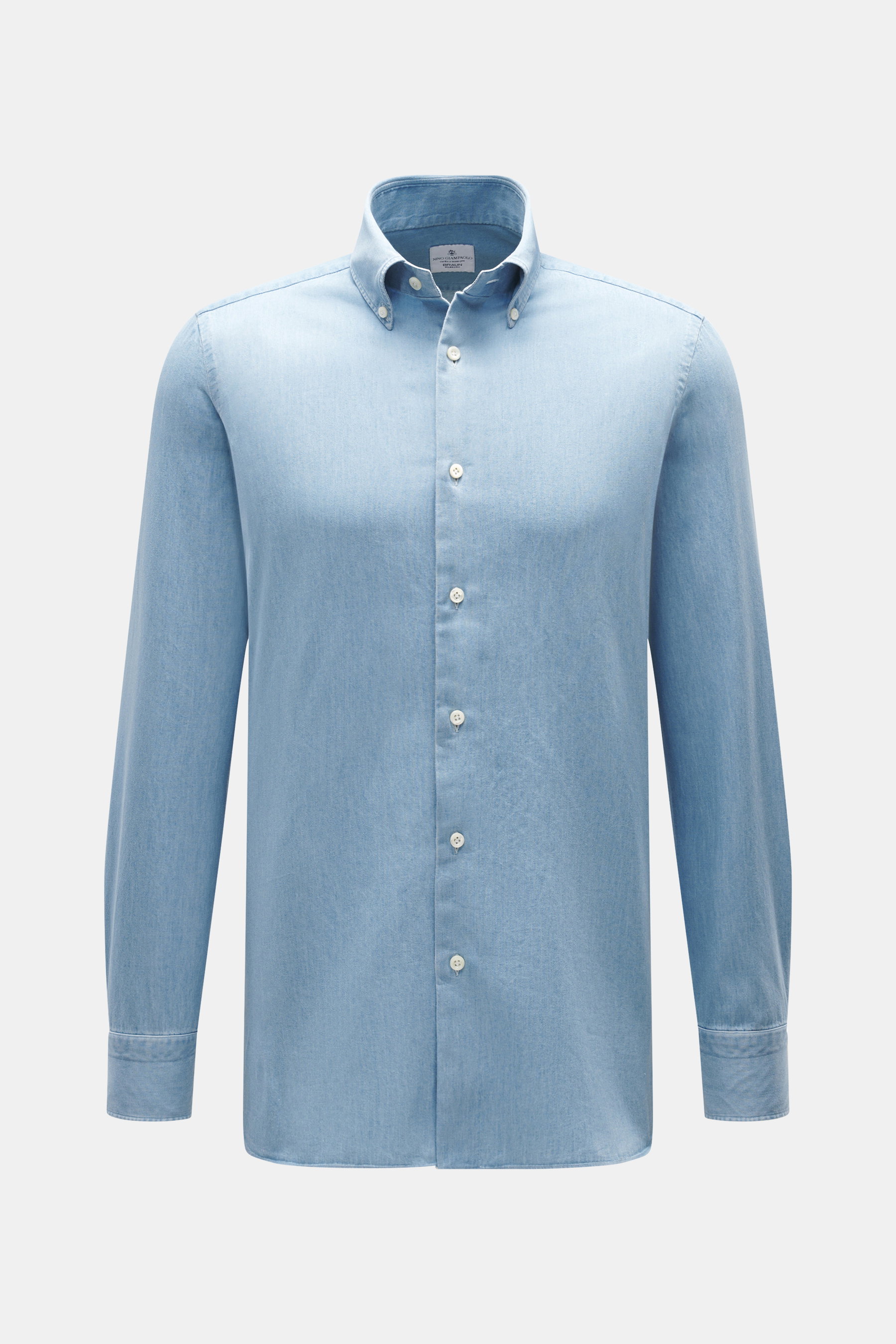 Front view of Giampaolo Chambray Shirt Button-Down Collar blue melange, pure cotton, soft touch, slim fit, French placket, classic sport cuff, back waist darts, rounded hemline.