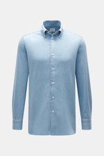 Front view of Giampaolo Chambray Shirt Button-Down Collar blue melange, pure cotton, soft touch, slim fit, French placket, classic sport cuff, back waist darts, rounded hemline.