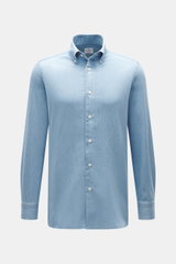 Front view of Giampaolo Chambray Shirt Button-Down Collar blue melange, pure cotton, soft touch, slim fit, French placket, classic sport cuff, back waist darts, rounded hemline.