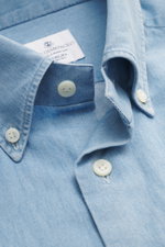 Close-up front view of the Giampaolo Chambray Shirt Button-Down Collar blue melange showing pure cotton, soft touch, slim fit, button-down collar, French placket, classic sport cuff, back waist darts, rounded hemline.