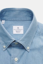 Close-up front top view of the Giampaolo Chambray Shirt Button-Down Collar blue melange, featuring pure cotton, soft touch, slim fit, button-down collar, French placket, classic sport cuff, back waist darts, rounded hemline.