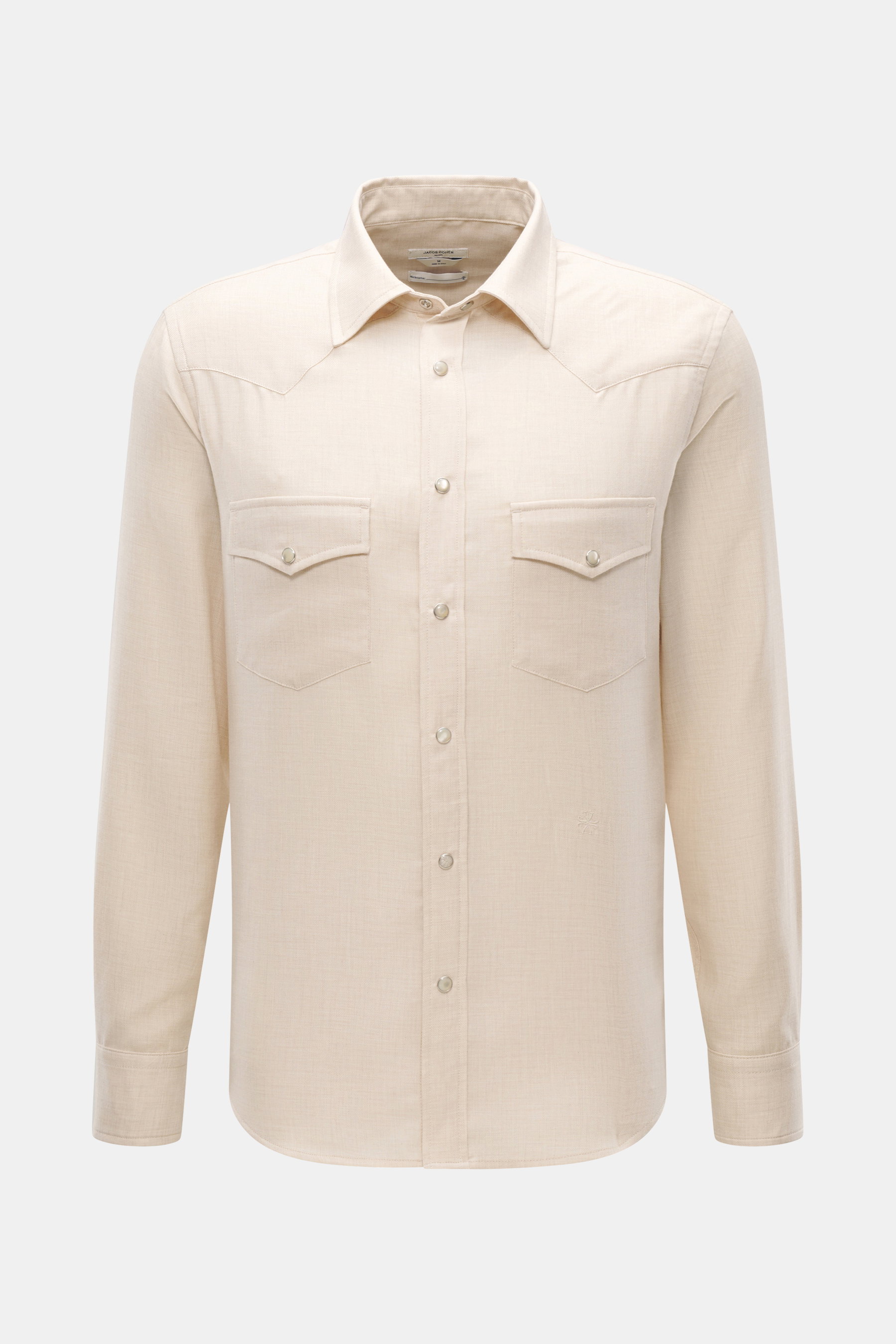 Jacob Cohen Casual Hemd schmaler Kragen sand meliert, frontale Nahaufnahme, Slim Fit, Mix aus Baumwolle und Cashmere, weicher Griff, Western-Stil Passe, Druckknopf-Leiste, Brusttaschen, Doppelknopf-Sportmanschette, gerundeter Saum.