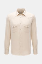 Jacob Cohen Casual Hemd schmaler Kragen sand meliert, frontale Nahaufnahme, Slim Fit, Mix aus Baumwolle und Cashmere, weicher Griff, Western-Stil Passe, Druckknopf-Leiste, Brusttaschen, Doppelknopf-Sportmanschette, gerundeter Saum.