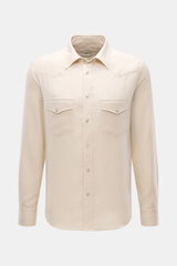 Jacob Cohen Casual Hemd schmaler Kragen sand meliert, frontale Nahaufnahme, Slim Fit, Mix aus Baumwolle und Cashmere, weicher Griff, Western-Stil Passe, Druckknopf-Leiste, Brusttaschen, Doppelknopf-Sportmanschette, gerundeter Saum.