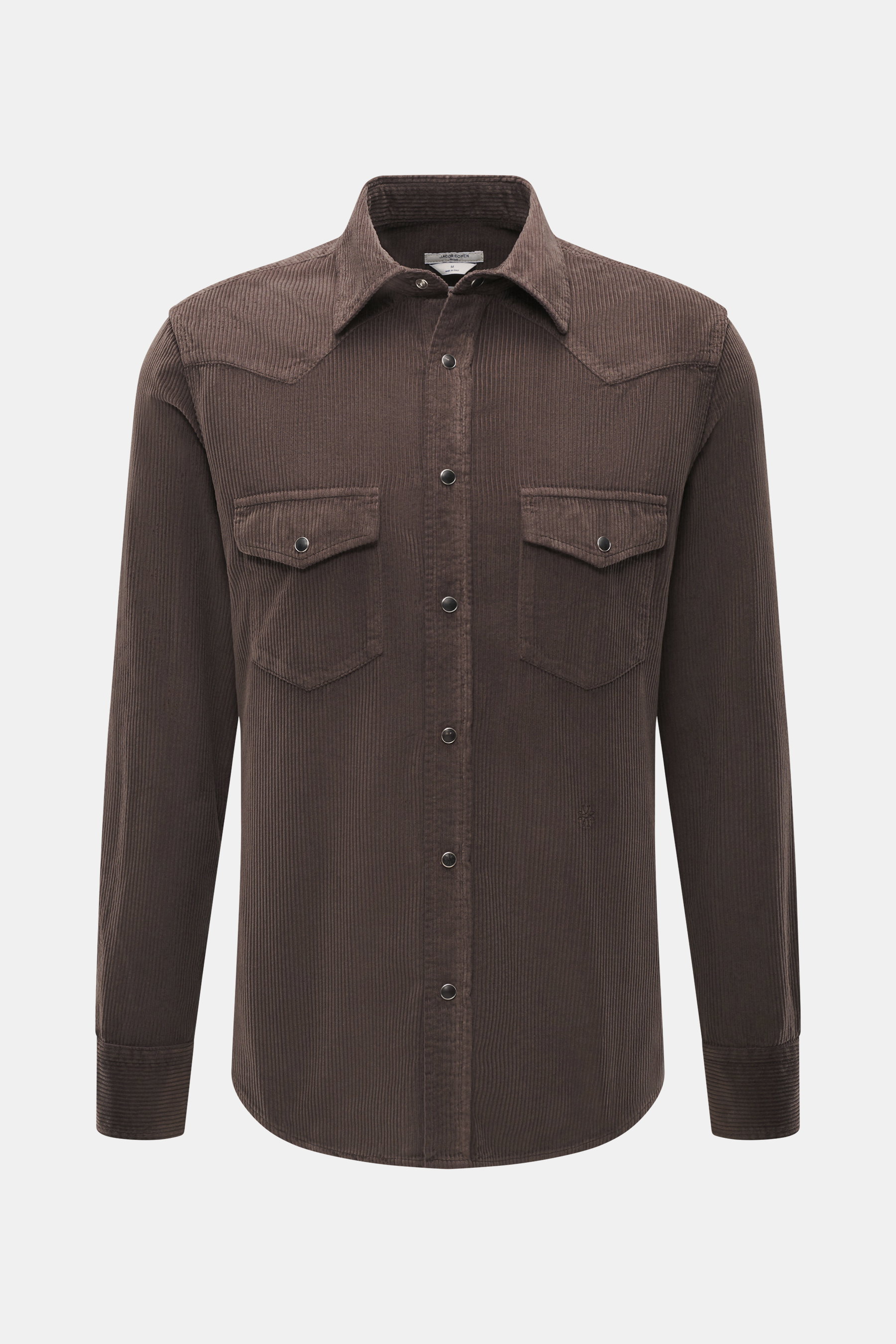 Front view of Jacob Cohen Corduroy Shirt Narrow Collar Dark Brown, corduroy made of pure cotton, soft touch, slim fit, narrow collar, applied snap button placket, shoulder and back yoke in western style, breast pockets with snap buttons, label-typical sti