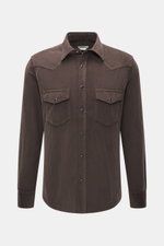 Front view of Jacob Cohen Corduroy Shirt Narrow Collar Dark Brown, corduroy made of pure cotton, soft touch, slim fit, narrow collar, applied snap button placket, shoulder and back yoke in western style, breast pockets with snap buttons, label-typical sti