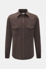 Front view of Jacob Cohen Corduroy Shirt Narrow Collar Dark Brown, corduroy made of pure cotton, soft touch, slim fit, narrow collar, applied snap button placket, shoulder and back yoke in western style, breast pockets with snap buttons, label-typical sti