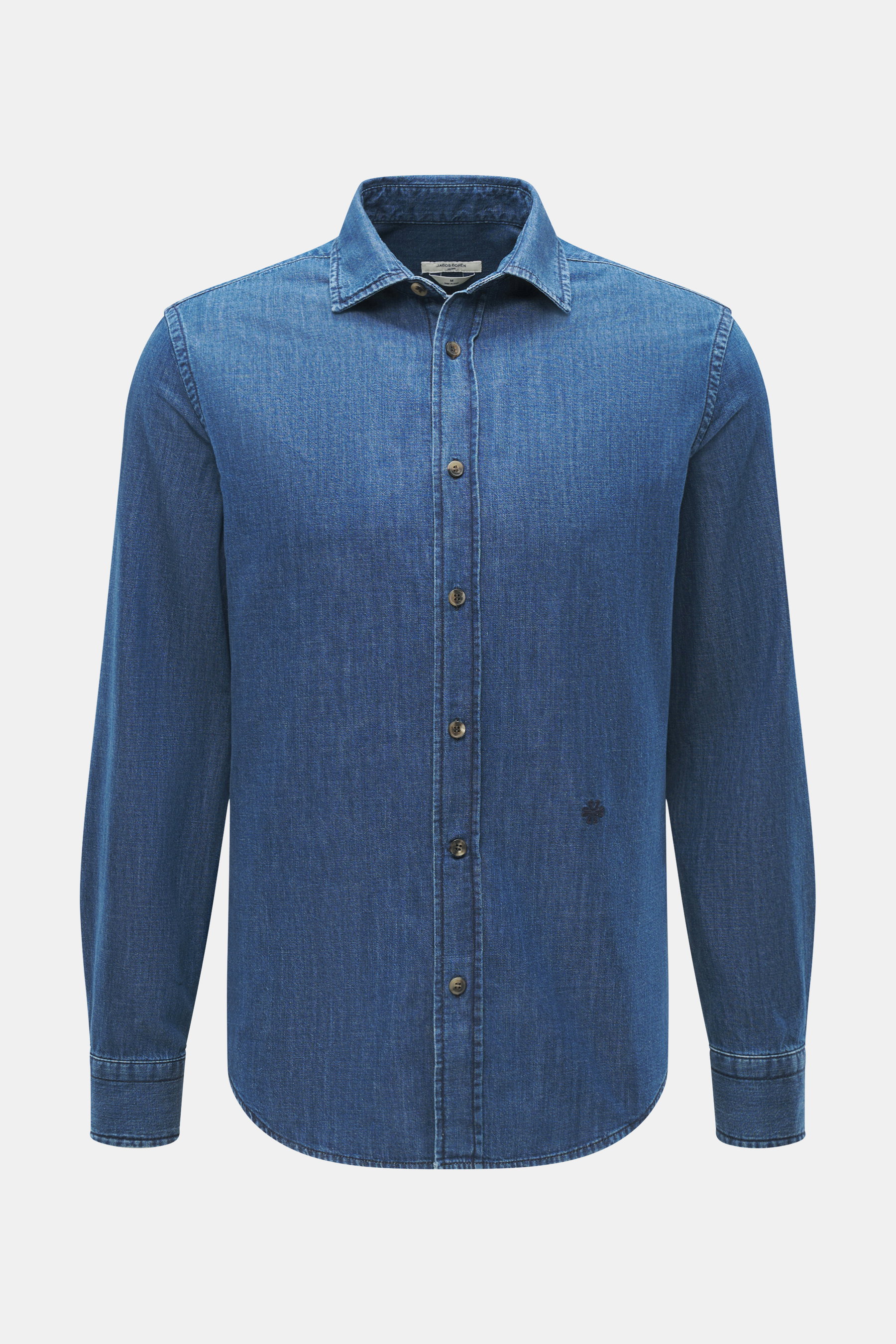 Jacob Cohen Jeanshemd schmaler Kragen blau, frontale Nahaufnahme, Denim aus reiner Baumwolle, Slim Fit, Kent-Kragen, Knopfleiste, dezentes Logo-Stitching.