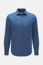 Jacob Cohen Jeanshemd schmaler Kragen blau, frontale Nahaufnahme, Denim aus reiner Baumwolle, Slim Fit, Kent-Kragen, Knopfleiste, dezentes Logo-Stitching.