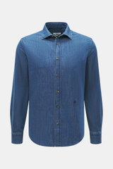 Jacob Cohen Jeanshemd schmaler Kragen blau, frontale Nahaufnahme, Denim aus reiner Baumwolle, Slim Fit, Kent-Kragen, Knopfleiste, dezentes Logo-Stitching.