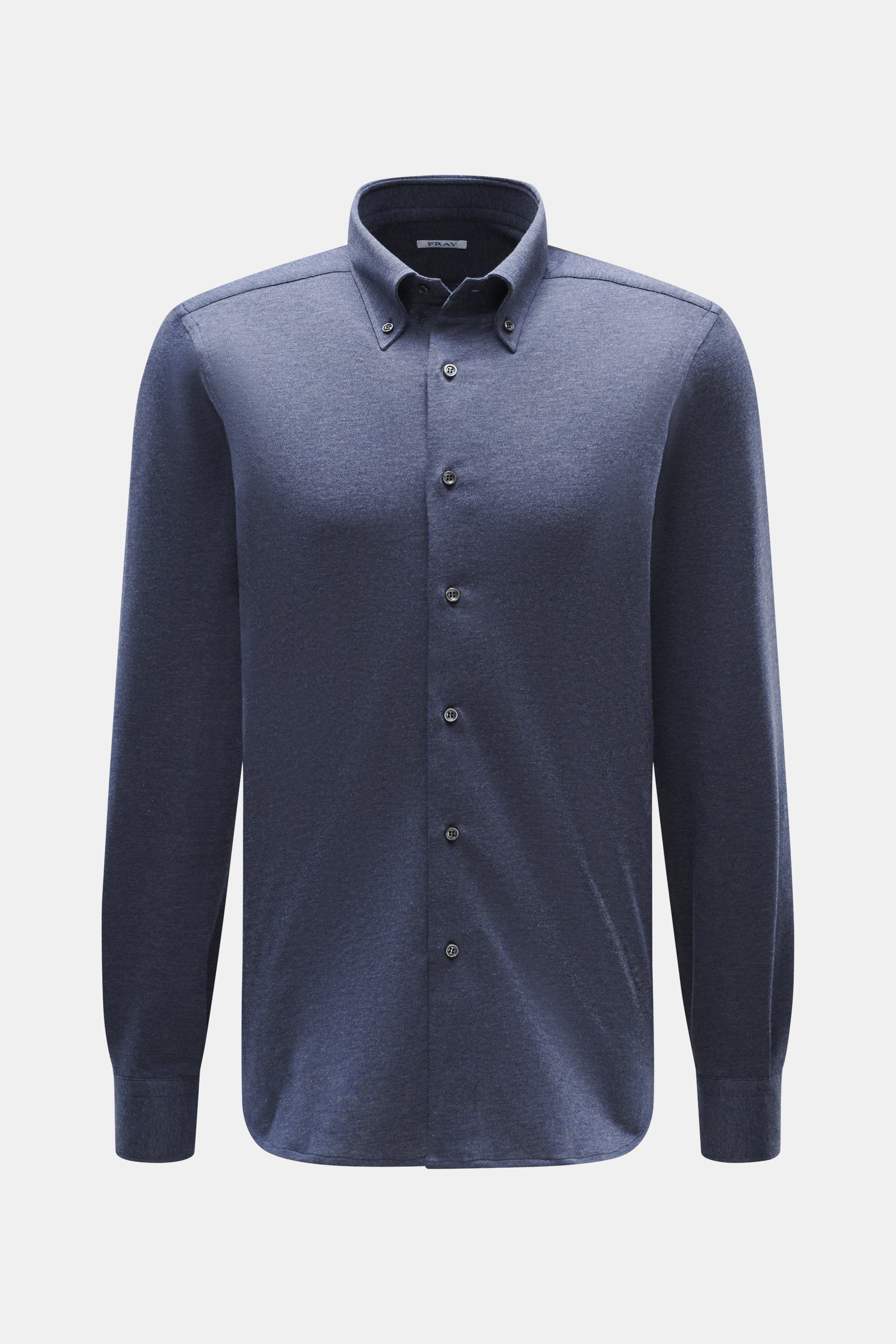 Front view of Fray Jersey shirt button-down collar 'Boston' grey blue melange, slim fit with blend of cotton and cashmere, soft touch, button-down collar, classic sport cuff, back waist darts, and extended back.