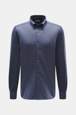 Front view of Fray Jersey shirt button-down collar 'Boston' grey blue melange, slim fit with blend of cotton and cashmere, soft touch, button-down collar, classic sport cuff, back waist darts, and extended back.