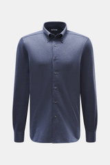 Front view of Fray Jersey shirt button-down collar 'Boston' grey blue melange, slim fit with blend of cotton and cashmere, soft touch, button-down collar, classic sport cuff, back waist darts, and extended back.