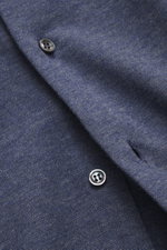 Close-up front view of Fray Jersey shirt button-down collar 'Boston' grey blue melange fabric and button, showing blend of cotton and cashmere, soft touch, slim fit, button-down collar, classic sport cuff, back waist darts, and extended back.
