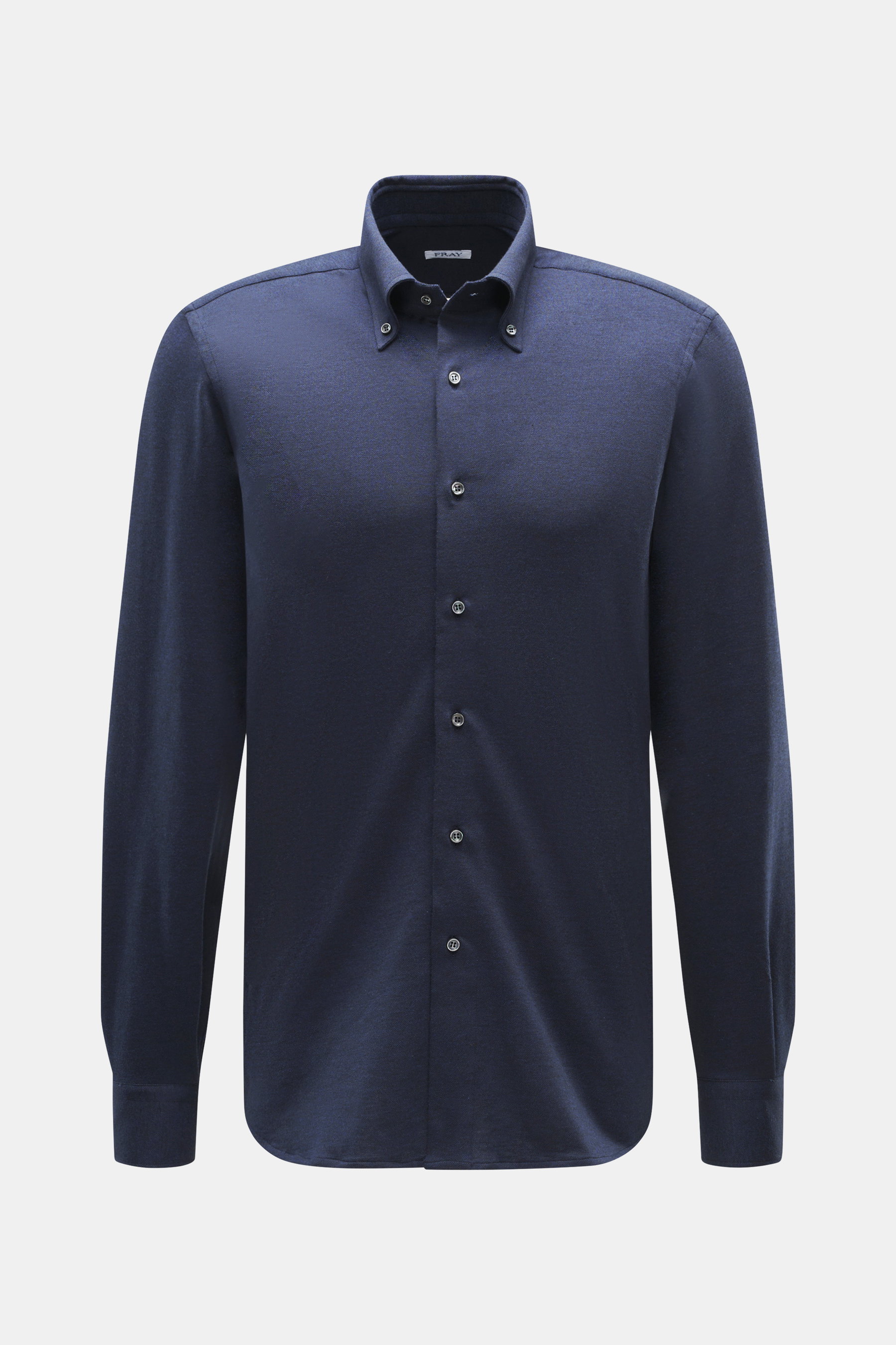 Frontal fotografiertes Fray Jersey-Hemd Button-Down-Kragen 'Boston' navy meliert, Slim Fit, Mix aus Baumwolle und Cashmere, weicher Griff, klassische Sportmanschette, rückwärtige Taillenabnäher, verlängerte Rückseite.