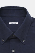Fray Jersey Shirt Button-Down Collar 'Boston' navy shown from front top close-up, mix of cotton and cashmere, soft touch, slim fit, button-down collar, classic sport cuff, back waist darts, extended back.