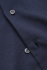 Close-up front view of the Fray Jersey Shirt Button-Down Collar 'Boston' navy, showing button and fabric texture, mix of cotton and cashmere, soft touch, slim fit, button-down collar, classic sport cuff, back waist darts, extended back.