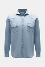 Front view of Ace Denim Denim shirt smoky blue in pure cotton with soft touch, slim fit, narrow collar, applied snap button placket, applied chest pockets, western-style yoke, classic sport cuff, and rounded hem.
