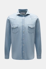 Front view of Ace Denim Denim shirt smoky blue in pure cotton with soft touch, slim fit, narrow collar, applied snap button placket, applied chest pockets, western-style yoke, classic sport cuff, and rounded hem.