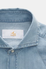 Close-up front view of Ace Denim Denim shirt smoky blue collar, pure cotton, soft touch, slim fit, narrow collar, applied snap button placket, applied chest pockets, western-style yoke, classic sport cuff, rounded hem.